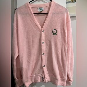 Rare 1980s vintage Izod/Lacoste pink button-down cardigan w/golf logo.  Sz L.